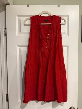 Quince 100% Linen Red Pintuck Sleeveless Shift Dress Size Medium